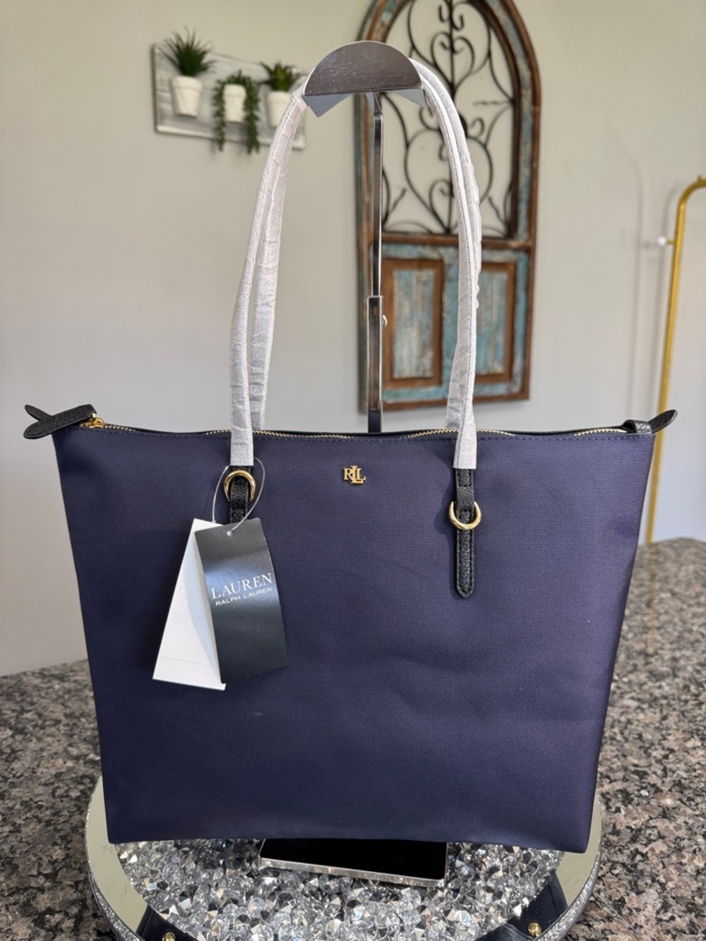 Lauren Ralph Lauren Navy Tote Bag with Gold Hardware NWT